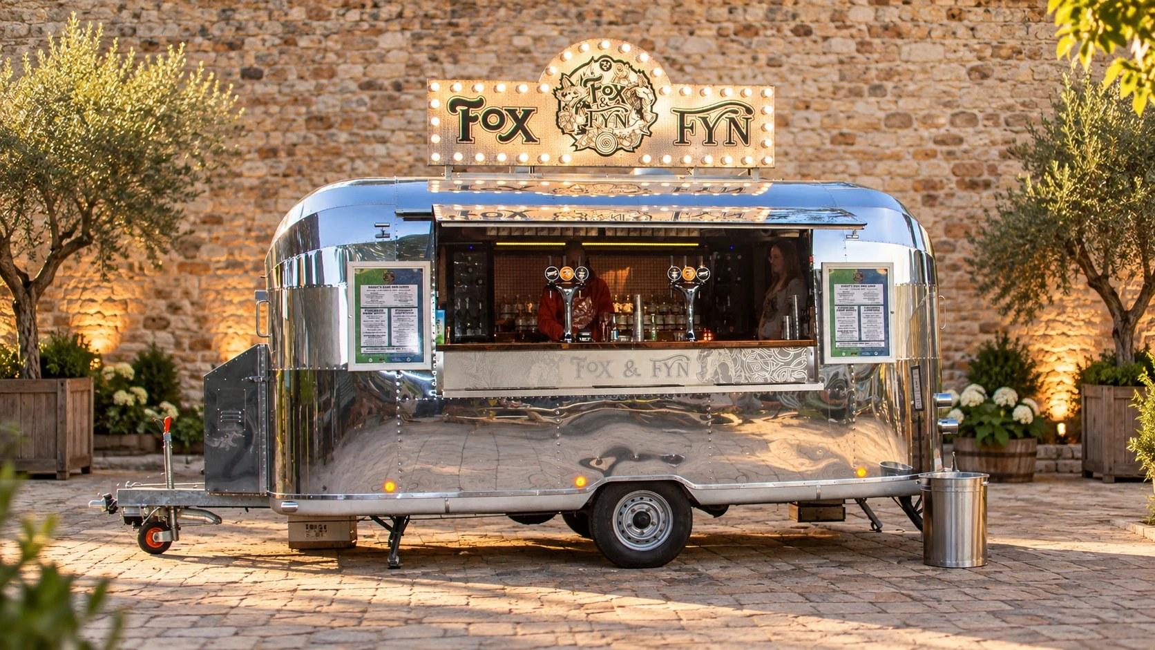The Fox & Fyn Airstream in a walled courtyard at golden hour, the bulb-lit roof sign glowing, hatch open and two staff serving behind the counter
